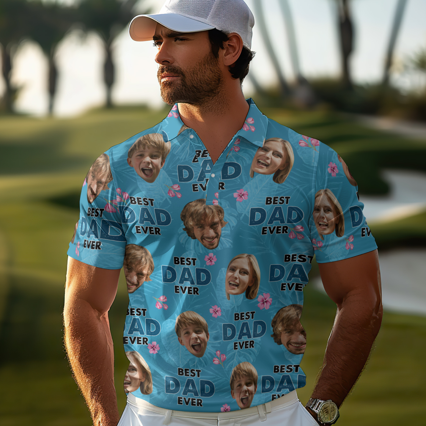 Custom Face Polo Hawaiian Blue Golf Polo Shirt Dad Beard Men's Polo Shirt Fathers Day Gift