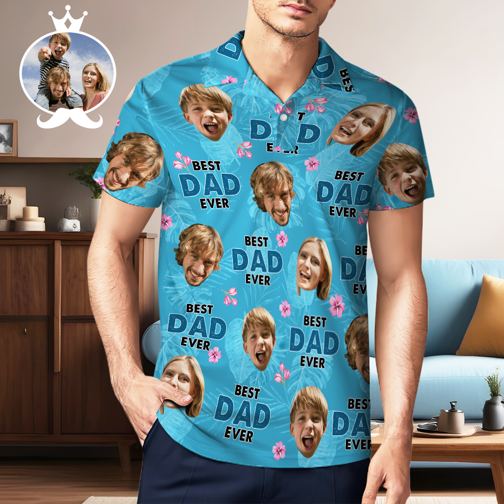 Custom Face Polo Hawaiian Blue Golf Polo Shirt Dad Beard Men's Polo Shirt Fathers Day Gift
