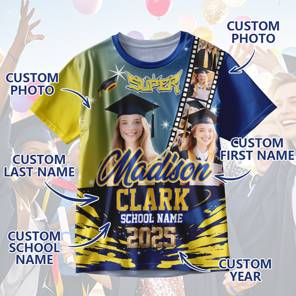 Custom Graduation T-Shirts Personalized All Over Print Shirt with Photo Graduation Party Gift