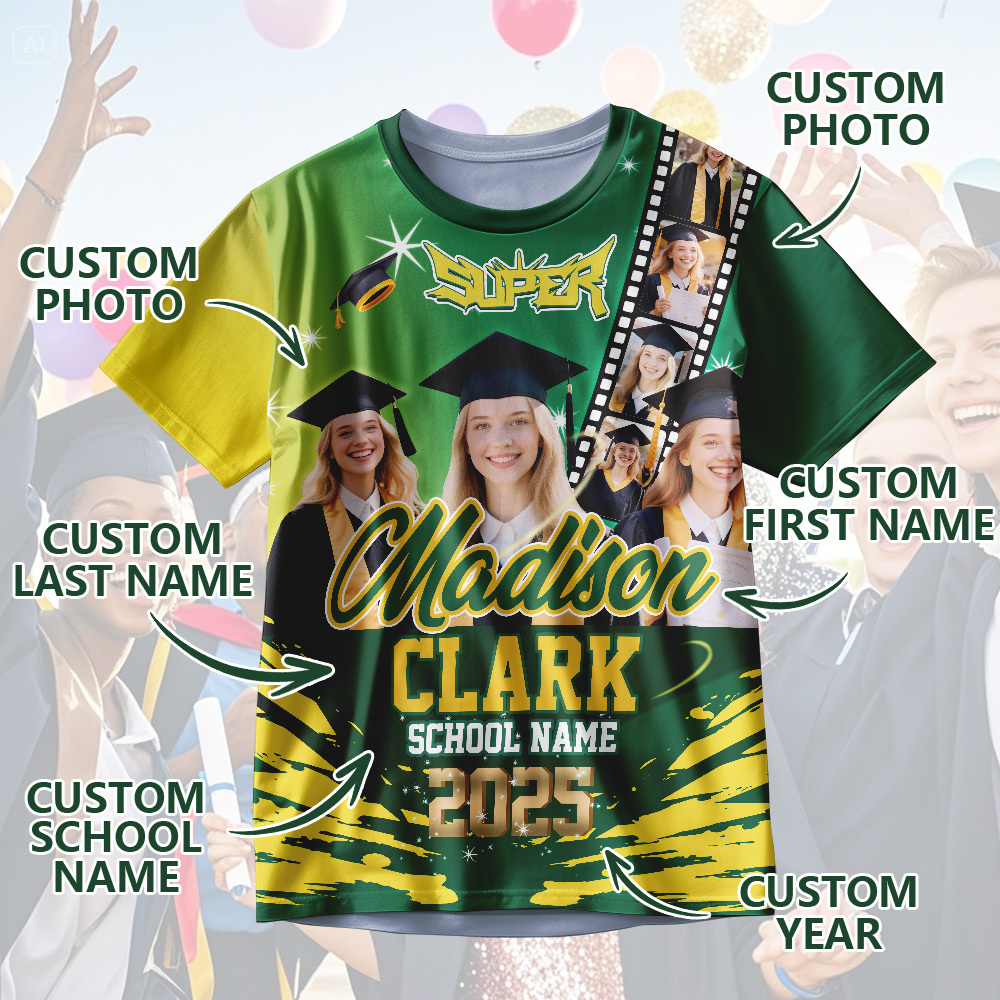 Custom Graduation T-Shirts Personalized All Over Print Shirt with Photo Graduation Party Gift