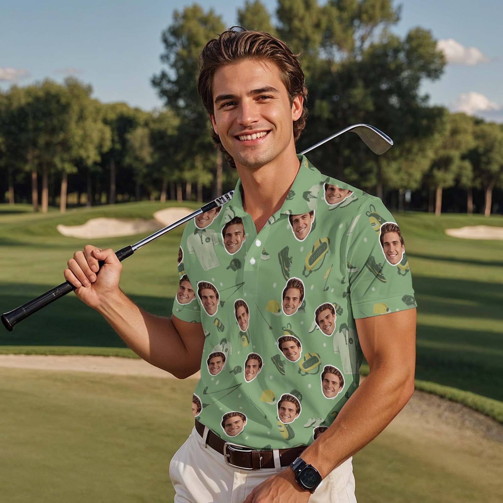 Custom Face Polo Shirt for Golfer Face on Shirt Gifts for husband Personalized Green Palm leaves Short Sleeve Golf Shirt