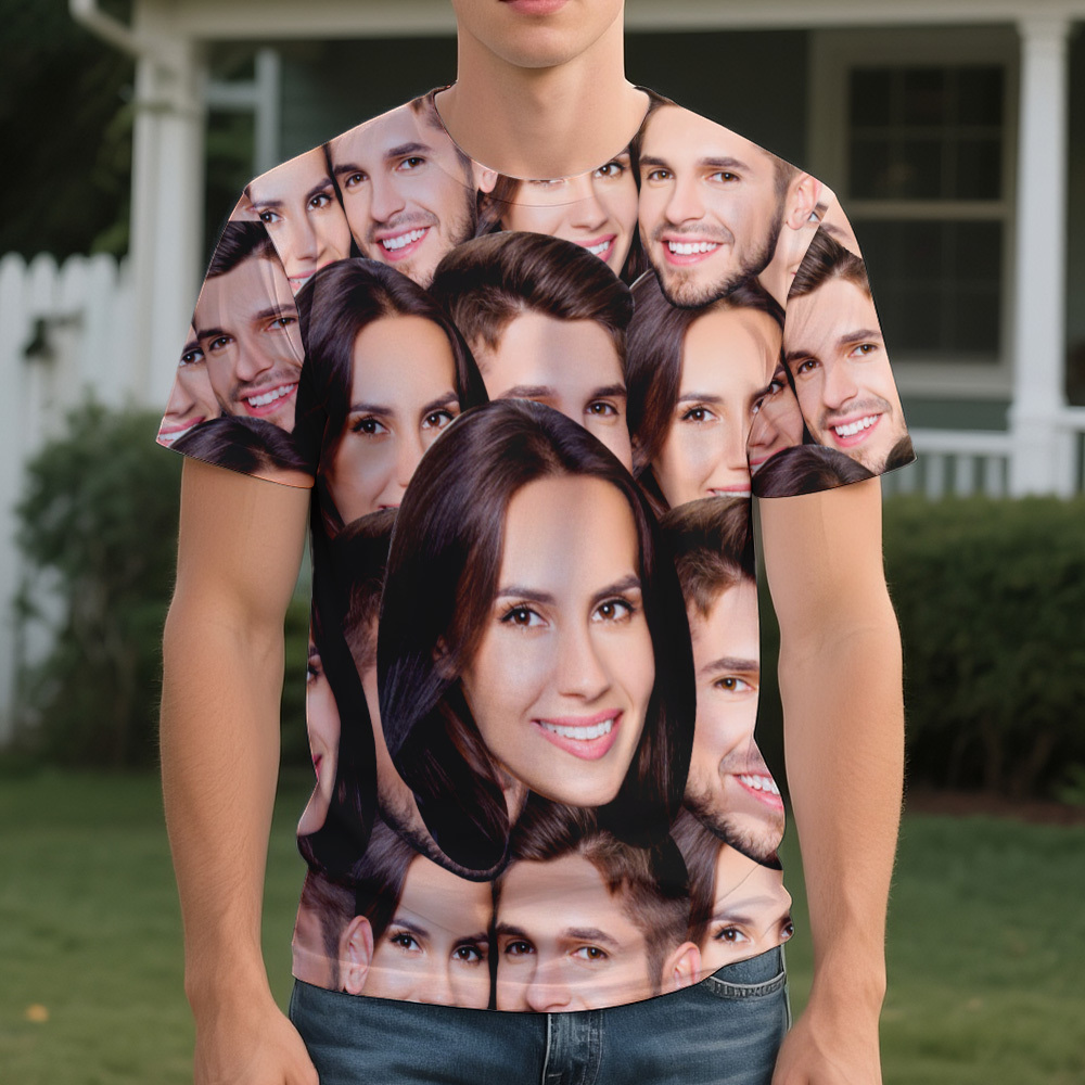 Personalized Face T Shirt for Men, Custom Family Faces Shirts, Personalized Photo Shirts for Men, Father Day Gift, All Over Faces T-Shirt - SantaSocks
