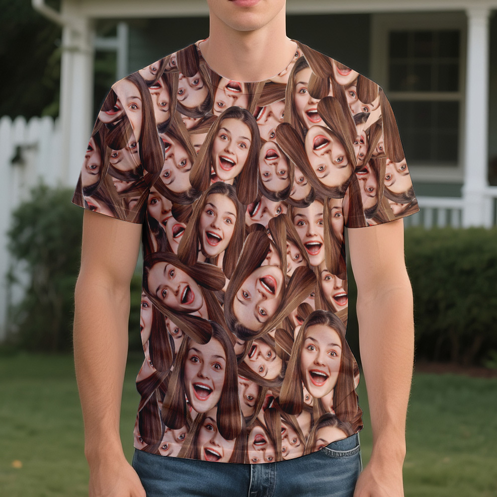 Personalized Face T Shirt for Men, Custom Family Faces Shirts, Personalized Photo Shirts for Men, Father Day Gift, All Over Faces T-Shirt - SantaSocks