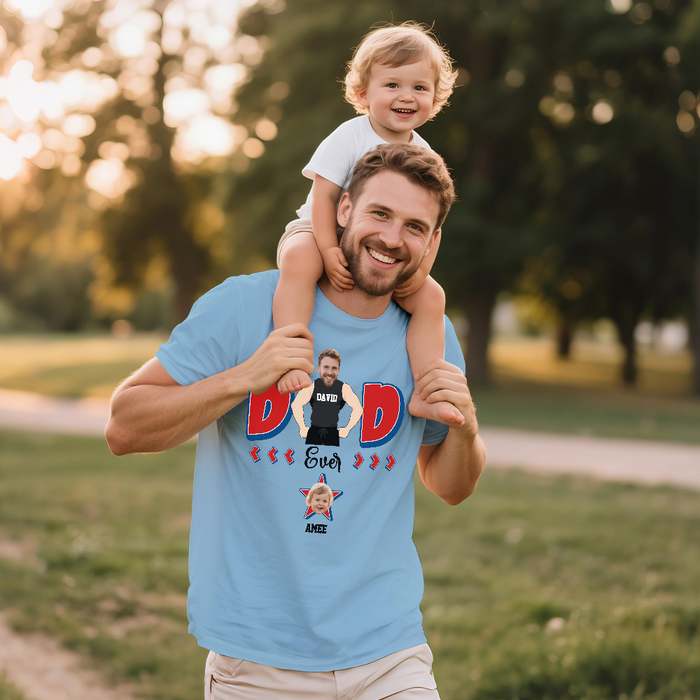 Custom Muscle Dad Shirt Father's Day Blue Shirt Photo And Name Tshirt Gift Happy Fathers Day Gift