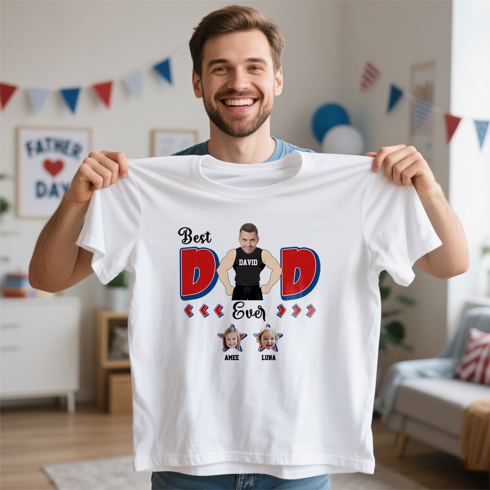 Personalized Muscle Dad Shirt Father's Day White Shirt Custom Photo And Name Tshirt Gift Happy Fathers Day Gift
