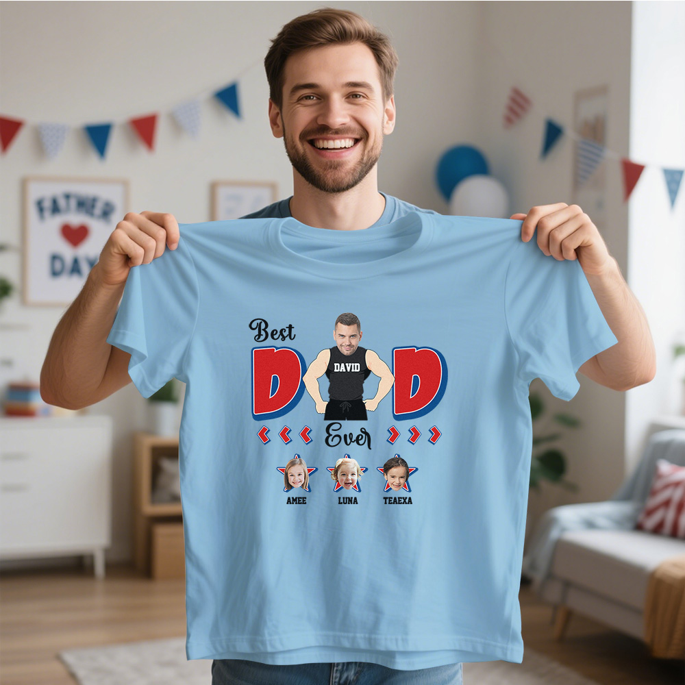 Custom Muscle Dad Shirt Father's Day Blue Shirt Photo And Name Tshirt Gift Happy Fathers Day Gift