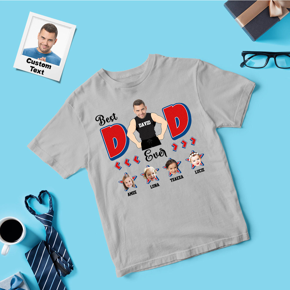 Custom Muscle Dad Shirt Father's Day Gray Shirt Photo And Name Tshirt Gift Happy Fathers Day Gift