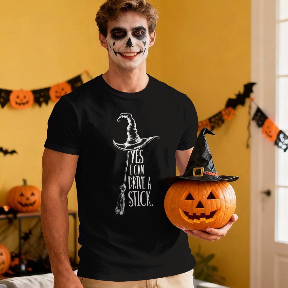 Yes I Can Drive A Stick T Shirt, Funny Halloween Witch Tee for Women, 
