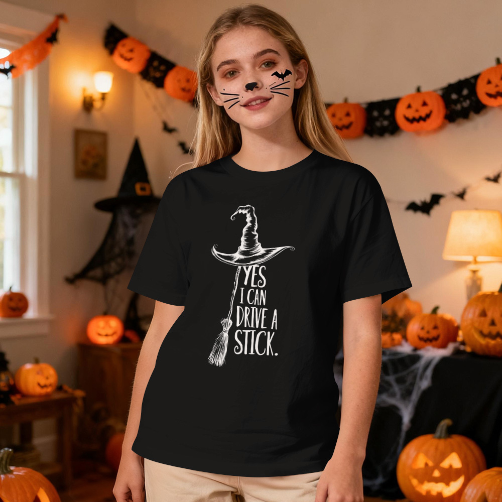 Yes I Can Drive A Stick T Shirt, Funny Halloween Witch Tee for Women, Spooky Party Shirt, Cute Halloween Gift Top, Witchy Costume Outfit