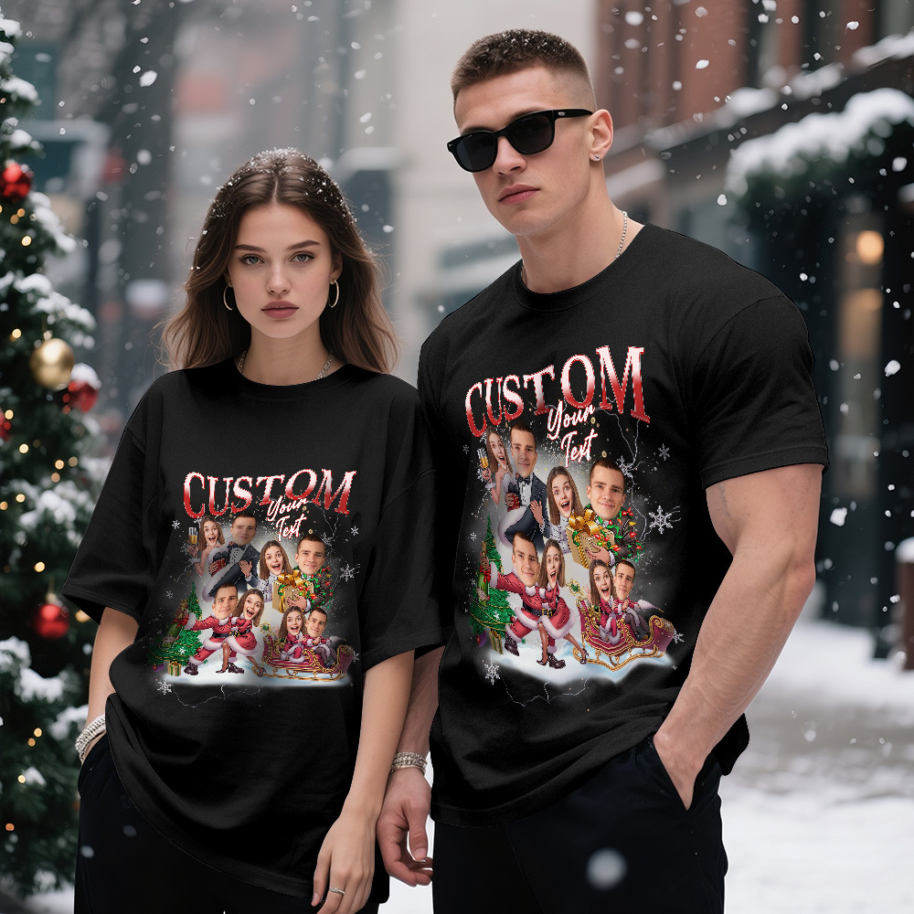 Custom Couple Portrait T-Shirt  Personalized Face Tee Matching Christmas Gift for Lovers - SantaSocks