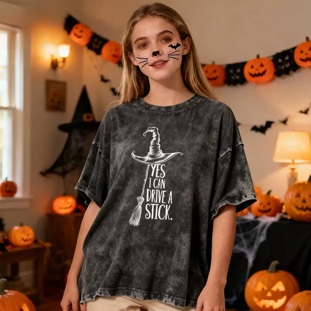 Yes I Can Drive A Stick T Shirt, Funny Halloween Witch Tee for Women, Spooky Party Shirt, Cute Halloween Gift Top, Witchy Costume Outfit