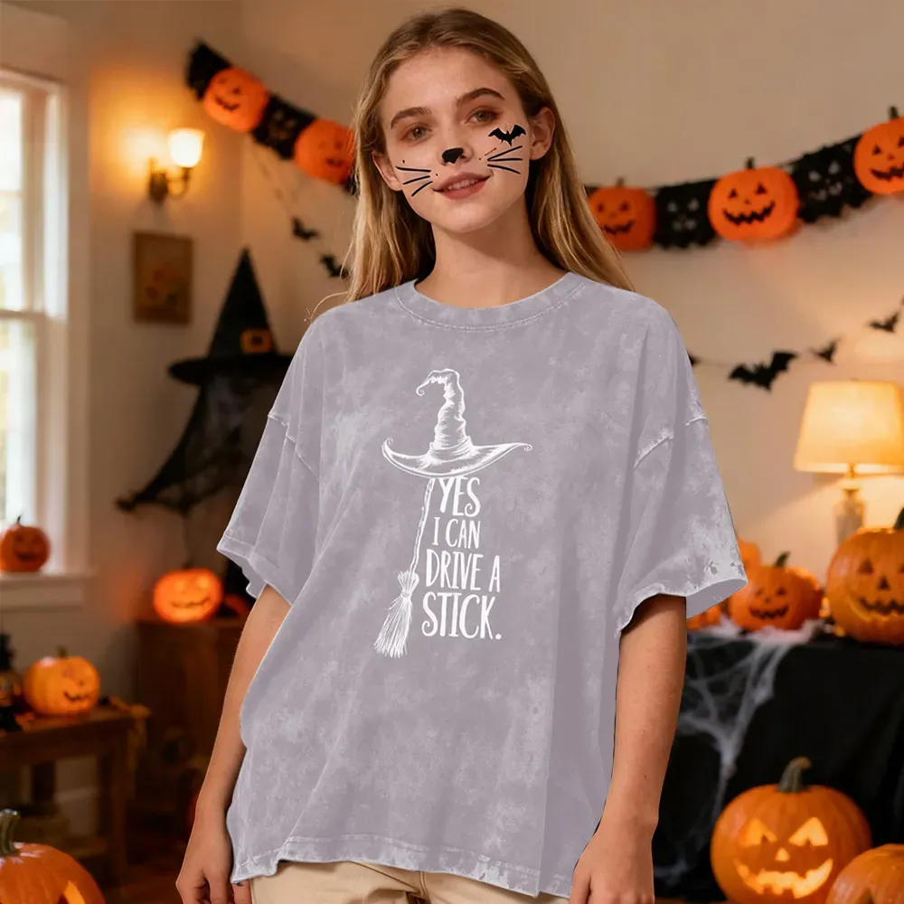 Yes I Can Drive A Stick T Shirt, Funny Halloween Witch Tee for Women, Spooky Party Shirt, Cute Halloween Gift Top, Witchy Costume Outfit