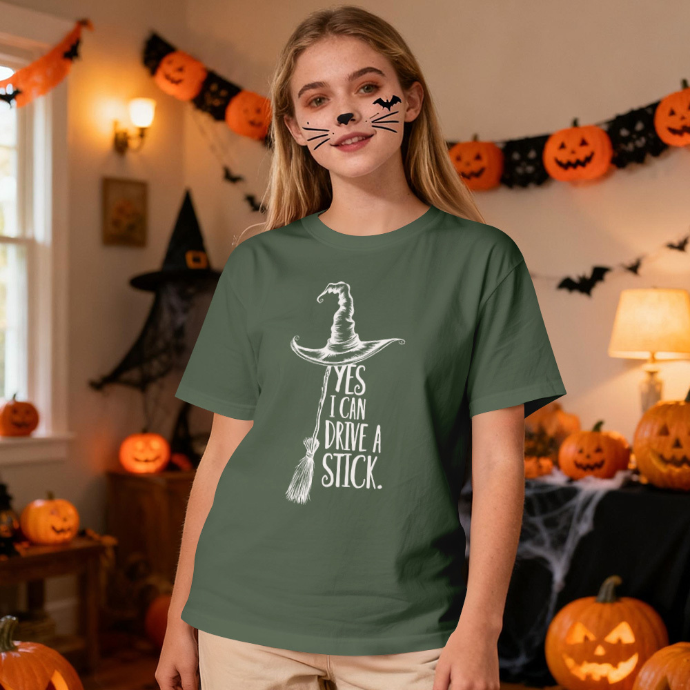 Yes I Can Drive A Stick T Shirt, Funny Halloween Witch Tee for Women, Spooky Party Shirt, Cute Halloween Gift Top, Witchy Costume Outfit
