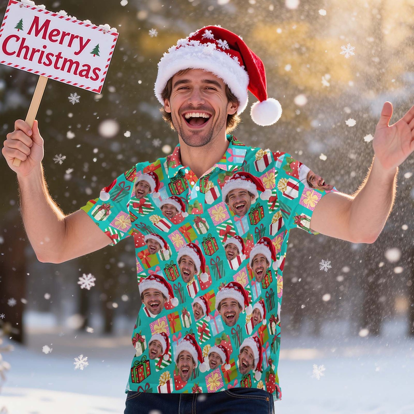 Personalized Christmas Light Tree Polo Shirt Festive Holiday Polo for Men Custom Face Christmas Tree Polo Shirt - SantaSocks