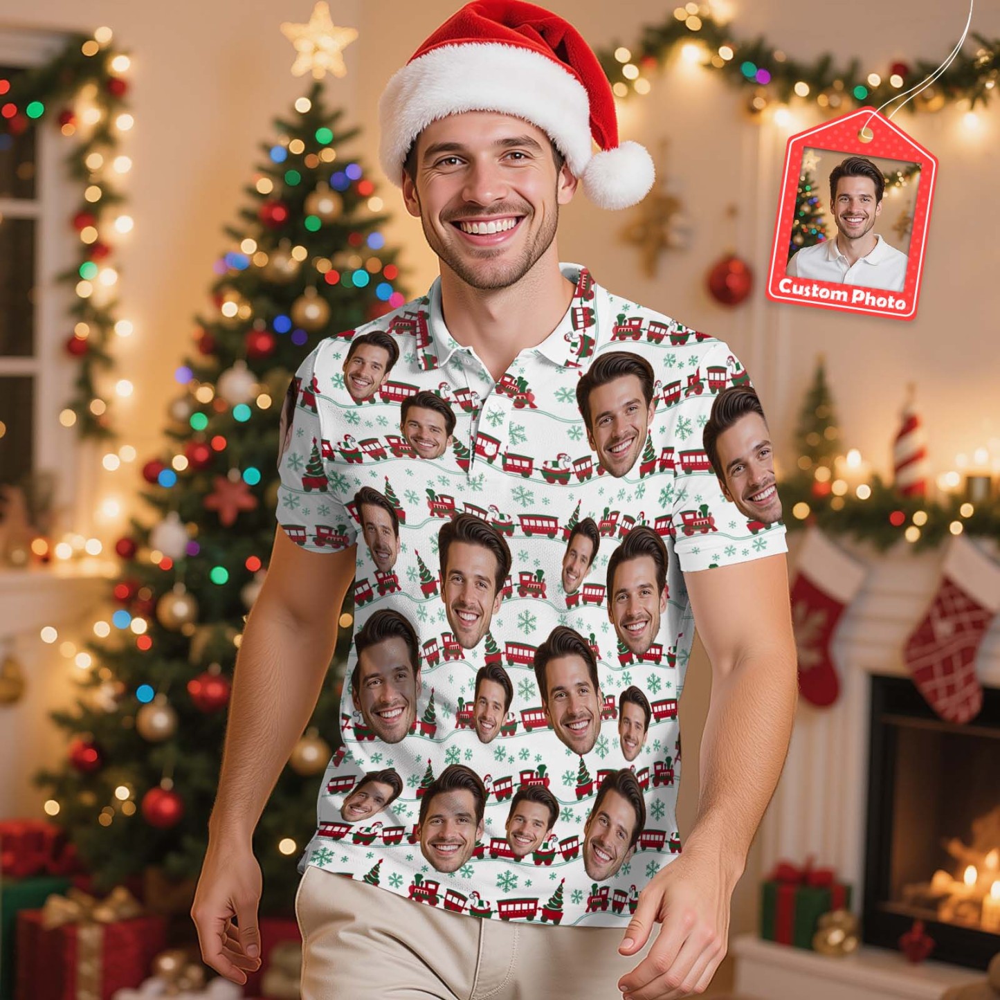 Personalized Christmas Light Tree Polo Shirt Festive Holiday Polo for Men Custom Face Christmas Tree Polo Shirt - SantaSocks