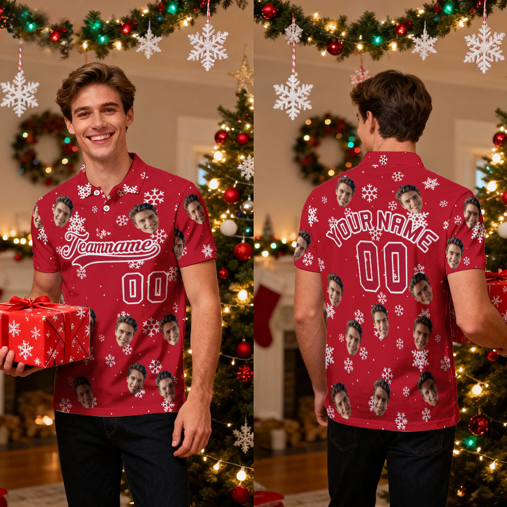 Custom Face and Text Green Red-White Christmas Santa Claus Performance Golf Polo Shirt - SantaSocks