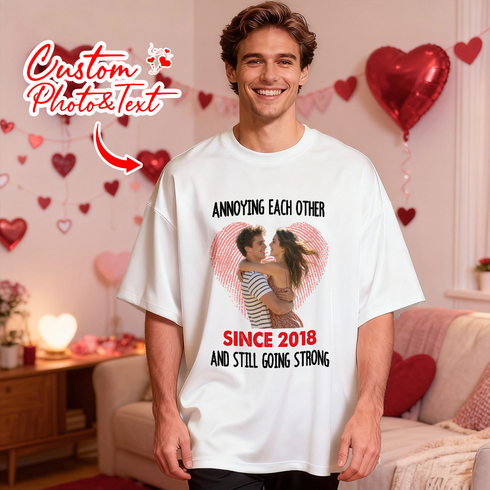 Personalized Couple Photo Tee Custom Photo T Shirt Heart-shaped Fingerprint Anniversary Valentine Gift For Couple - SantaSocks