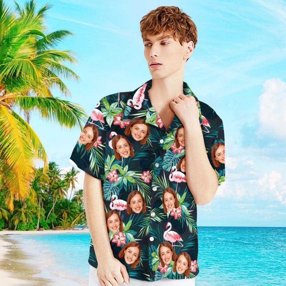 Custom Face Shirt Men's Hawaiian Shirt Flamingo Flower Put Face on Your Shirt Christmas Gift