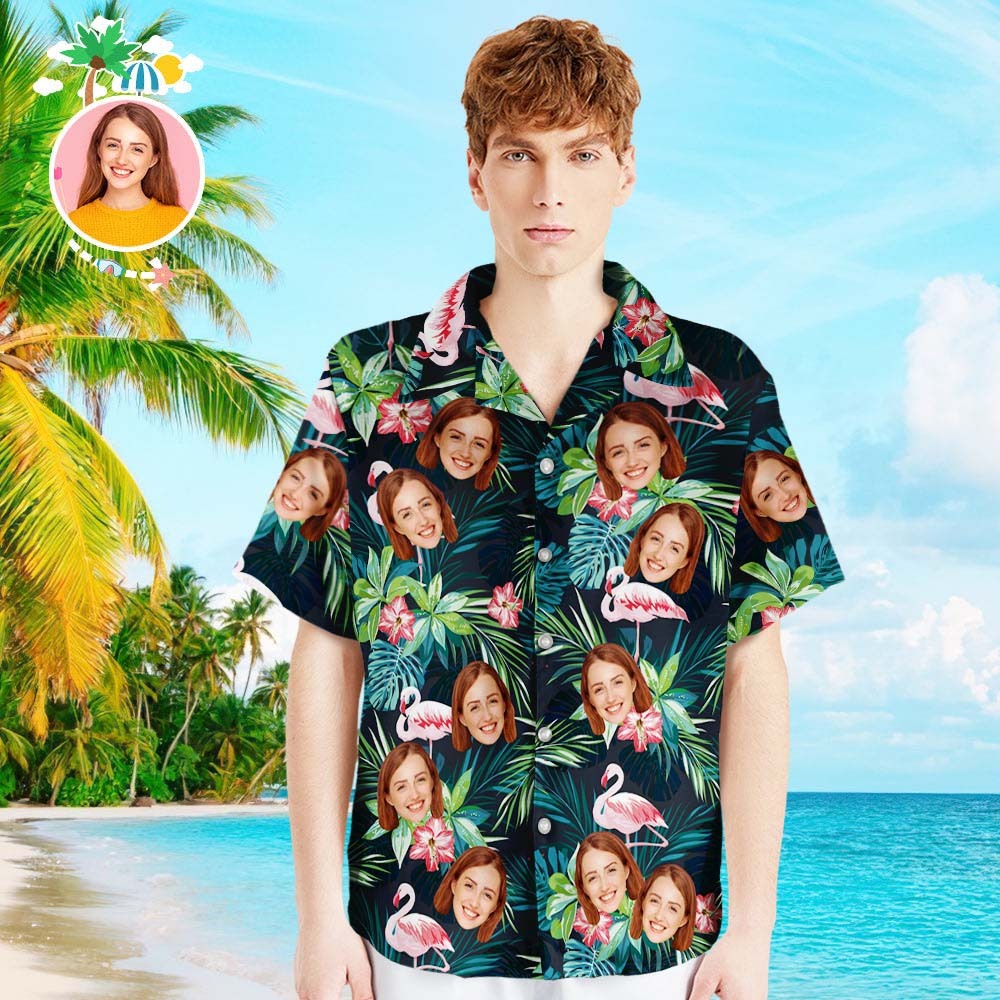 Custom Face Shirt Men's Hawaiian Shirt Flamingo Flower Put Face on Your Shirt Christmas Gift
