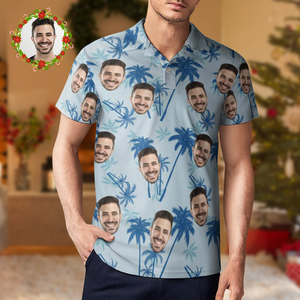 Men's Custom Face Polo Shirt Personalized Light Blue Hawaiian Golf Shirts Gift For Him