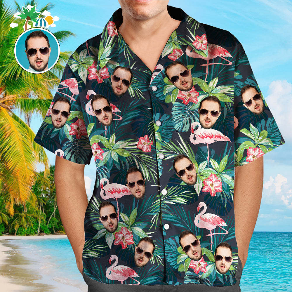 Custom Face Shirt Men's Hawaiian Shirt Flamingo Flower Put Face on Your Shirt Christmas Gift