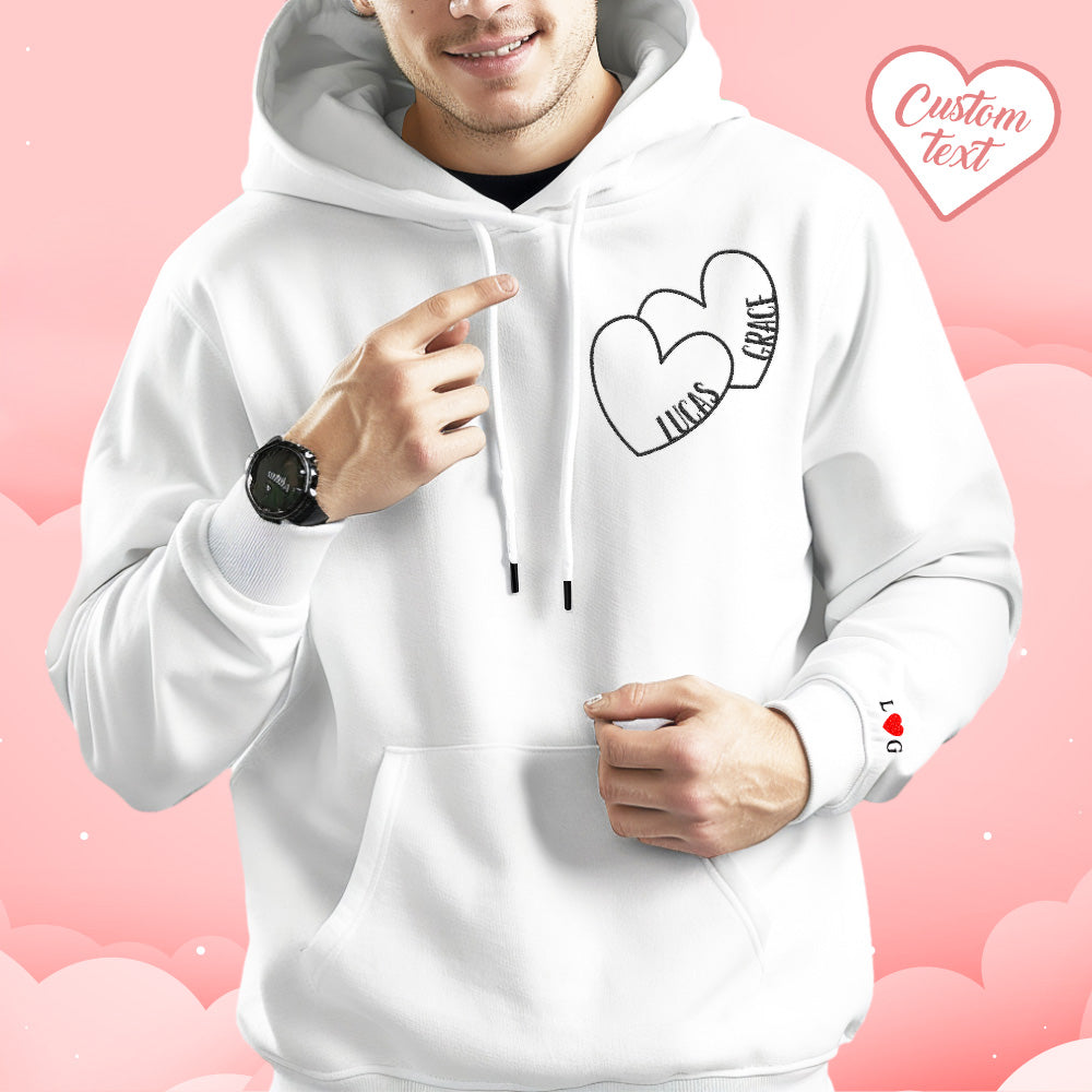 Custom Text Embroidered Hoodie Romantic Double Hearts Sweatshirt Valentine Gift
