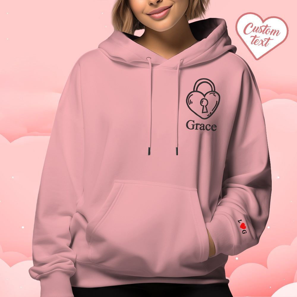 Custom Text Embroidered Hoodie Stylish Heart Key And Lock Set Sweatshirt Valentine Gift For Couples