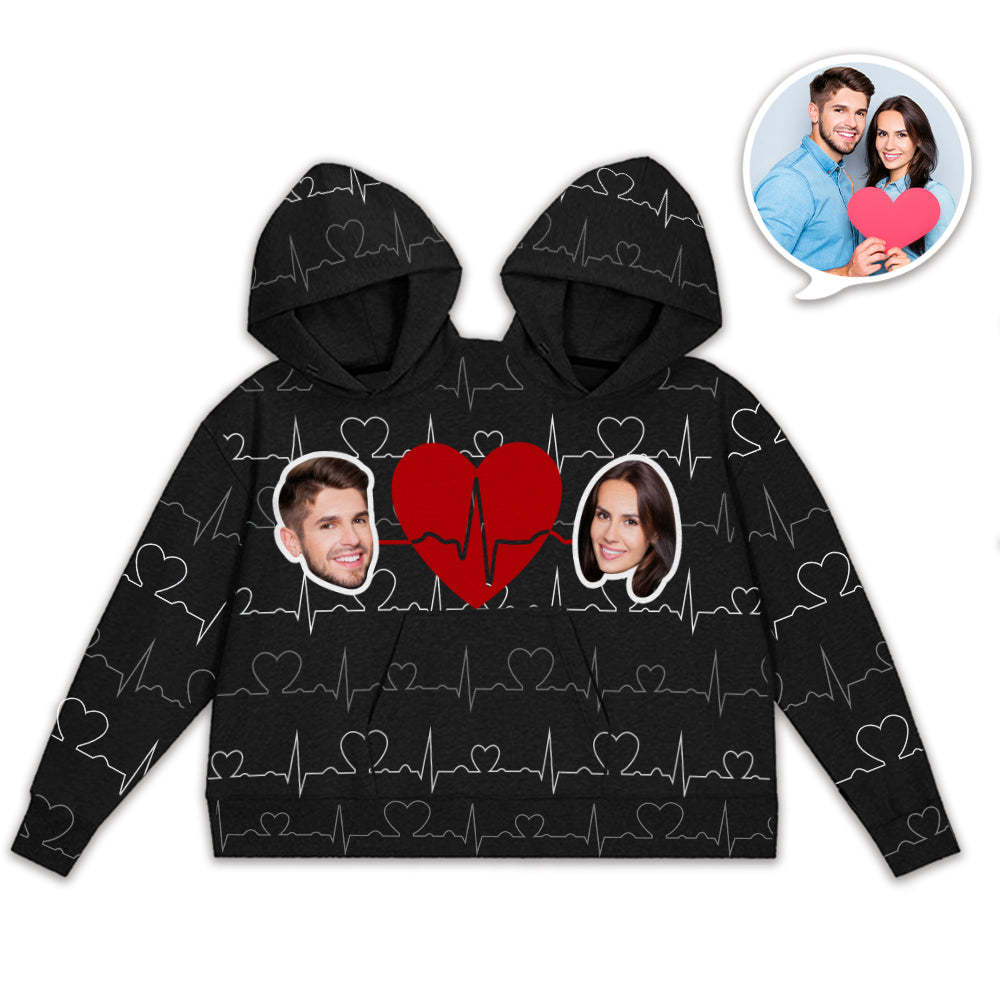 Custom Face Couple's Heartbeat One Piece Sweatshirt Photo Intimate Hoodie Gift For Love