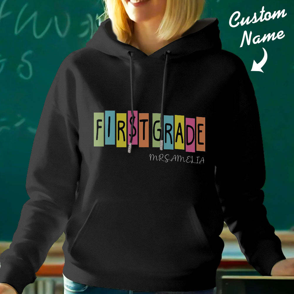 Personalized First Grade Hooded Sweatshirt Teacher Custom Name Hooded Sweatshirt Back to School Gifts - SantaSocks
