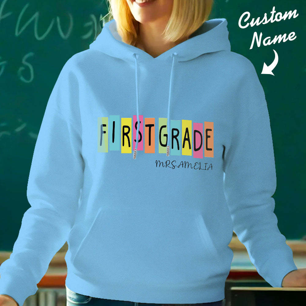 Personalized First Grade Hooded Sweatshirt Teacher Custom Name Hooded Sweatshirt Back to School Gifts - SantaSocks