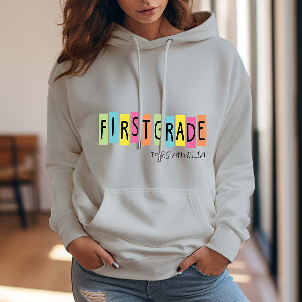 Personalized First Grade Hooded Sweatshirt Teacher Custom Name Hooded Sweatshirt Back to School Gifts - SantaSocks