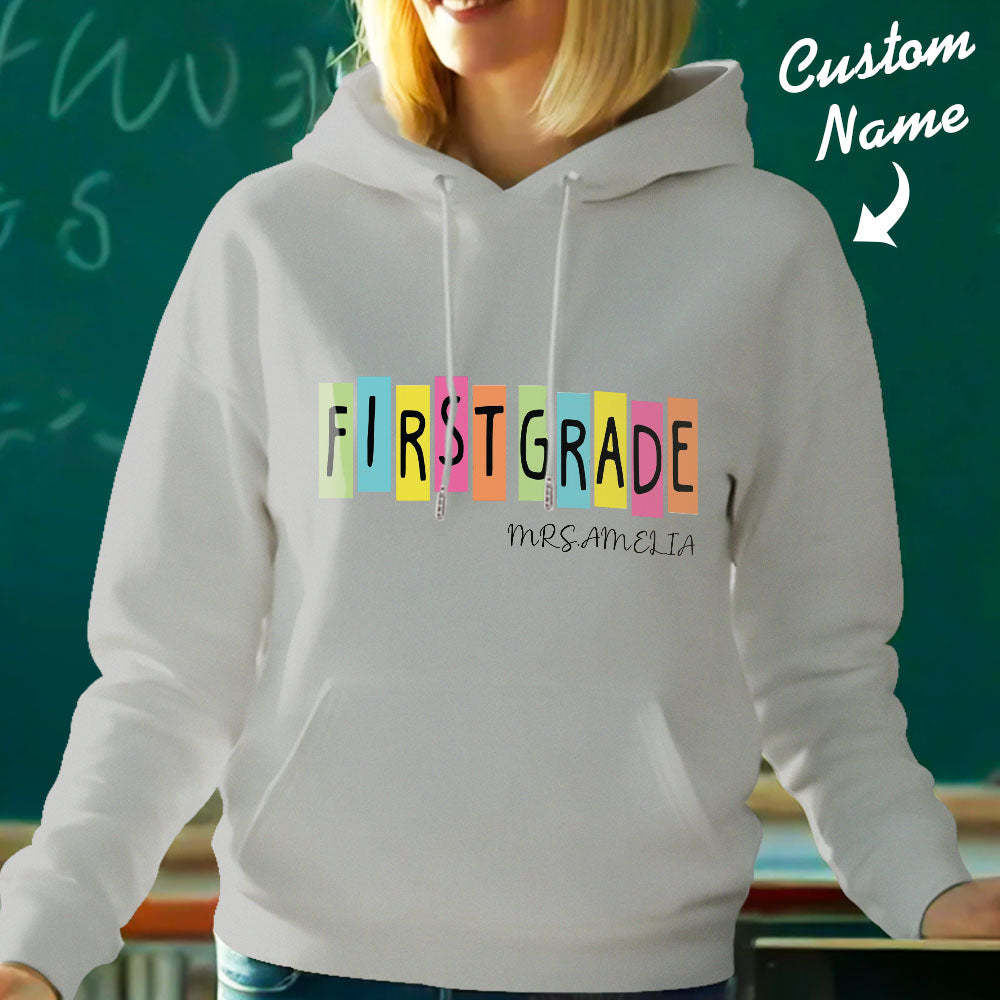 Personalized First Grade Hooded Sweatshirt Teacher Custom Name Hooded Sweatshirt Back to School Gifts - SantaSocks