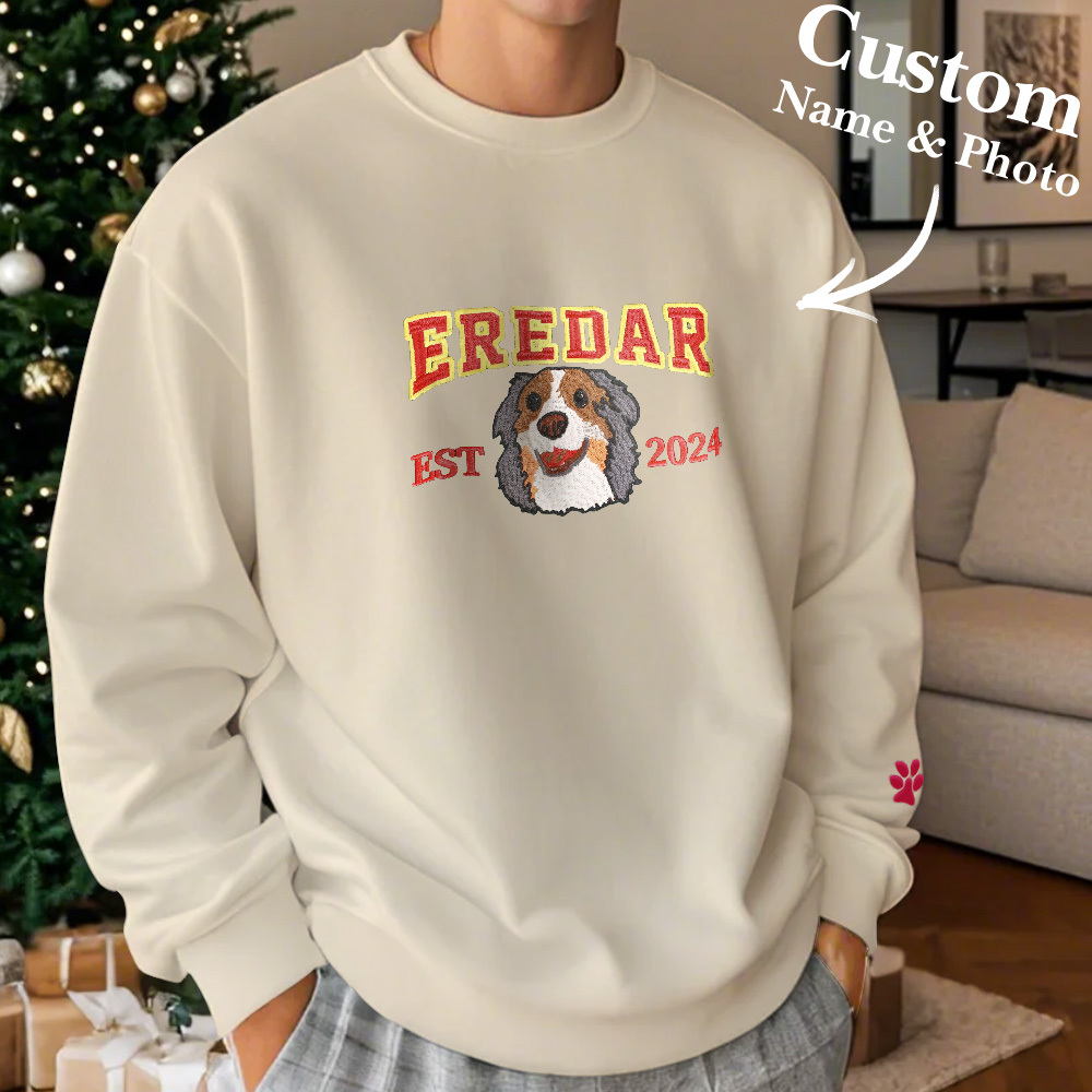 Custom Embroidered Sweatshirt With Pet Portrait Chrismas Gifts Embroidery Effect - SantaSocks