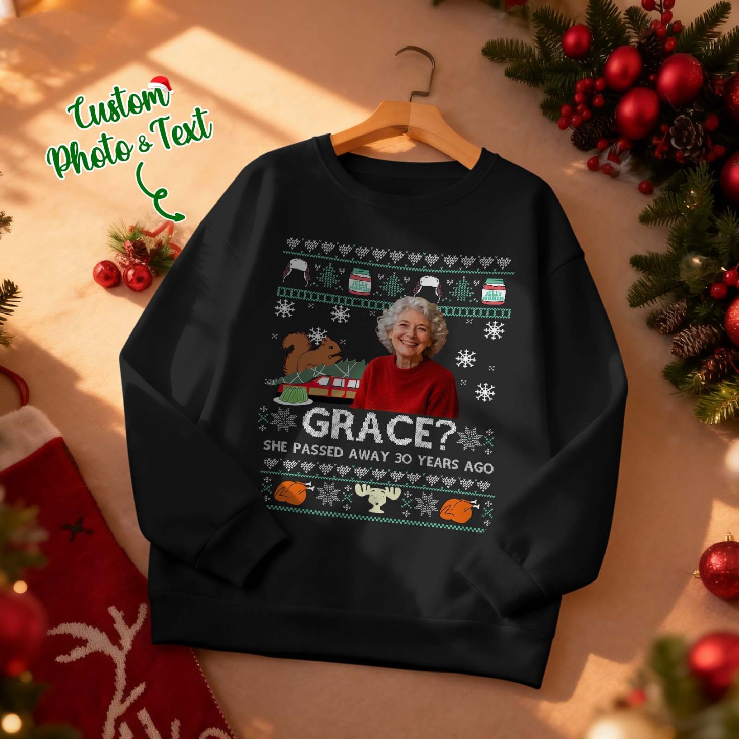 Custom Face Round Neck Hoodie Custom Face Retro Vintage Portrait Christmas Sweatshirt Memory Gift