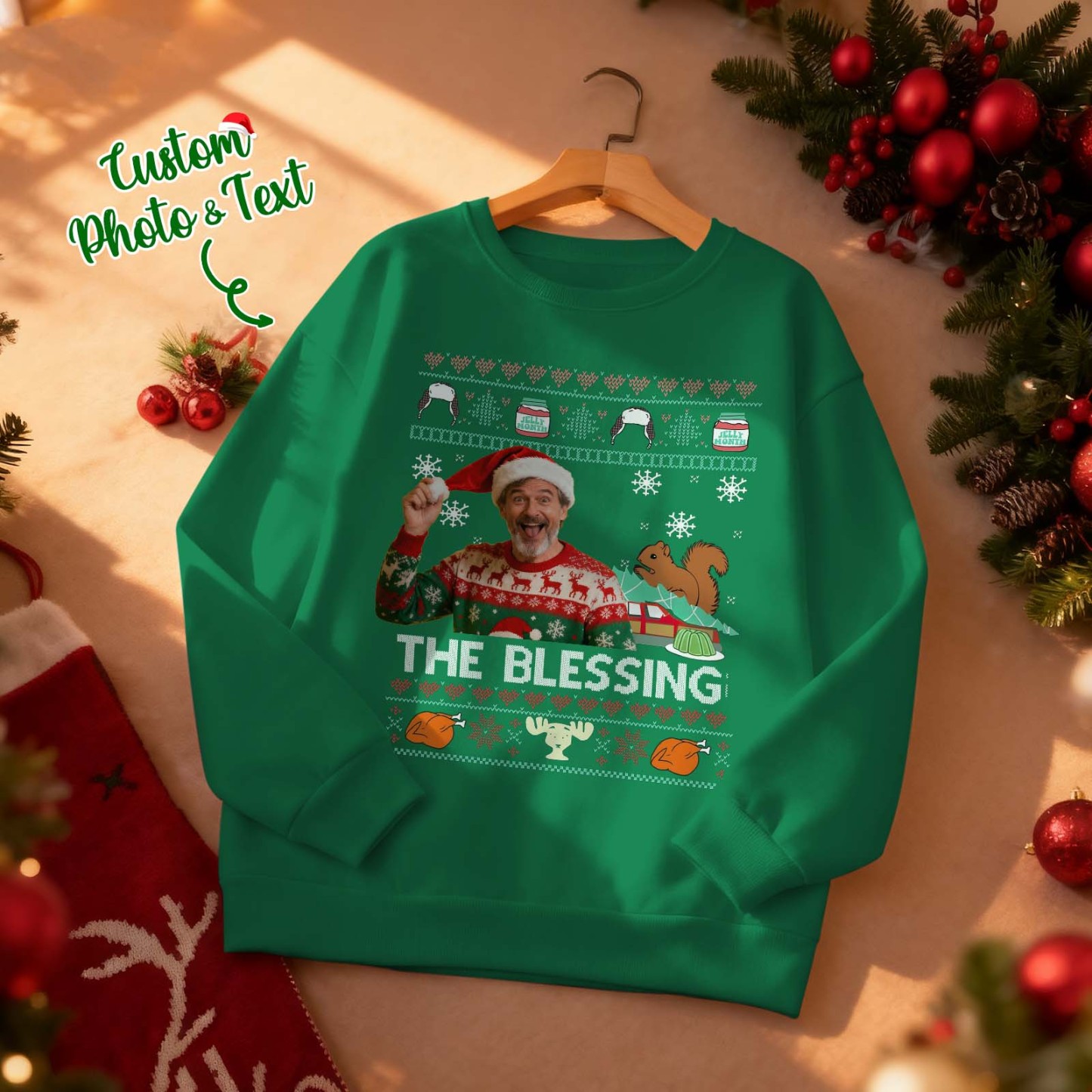 Custom Face Round Neck Hoodie Custom Face Retro Vintage Portrait Christmas Sweatshirt Memory Gift