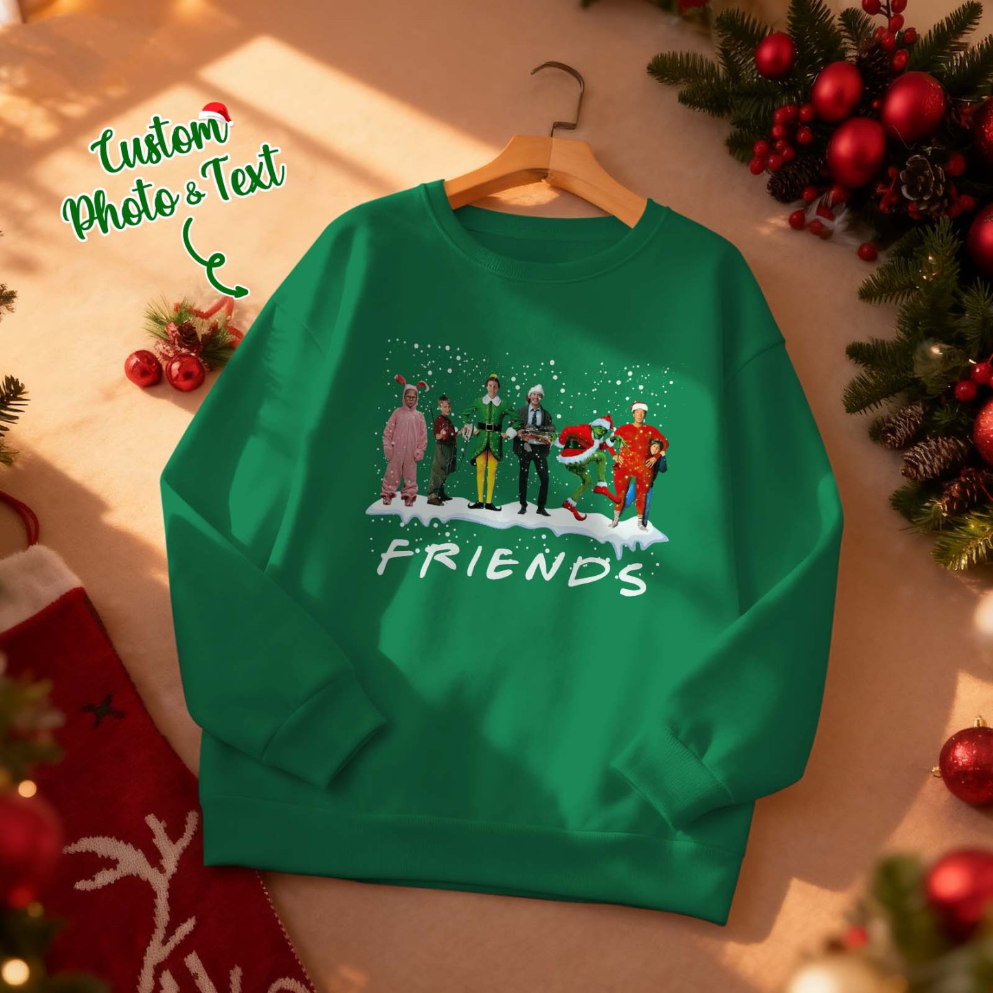 Custom Face Round Neck Hoodie Custom Face Retro Vintage Portrait Christmas Sweatshirt Memory Gift