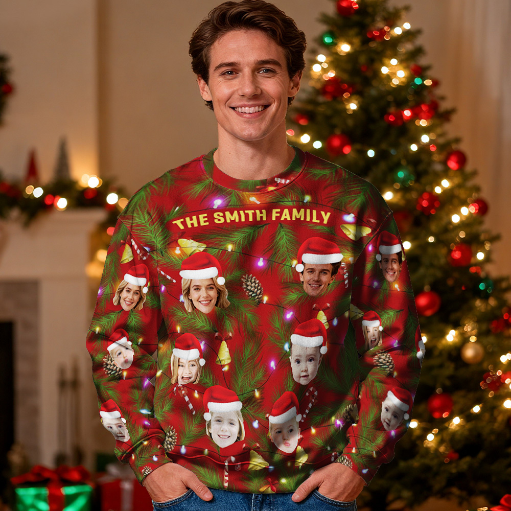 Custom Face Round Neck Hoodie Personalized Photo Gift For Family Christmas Light Bulbs Sweater