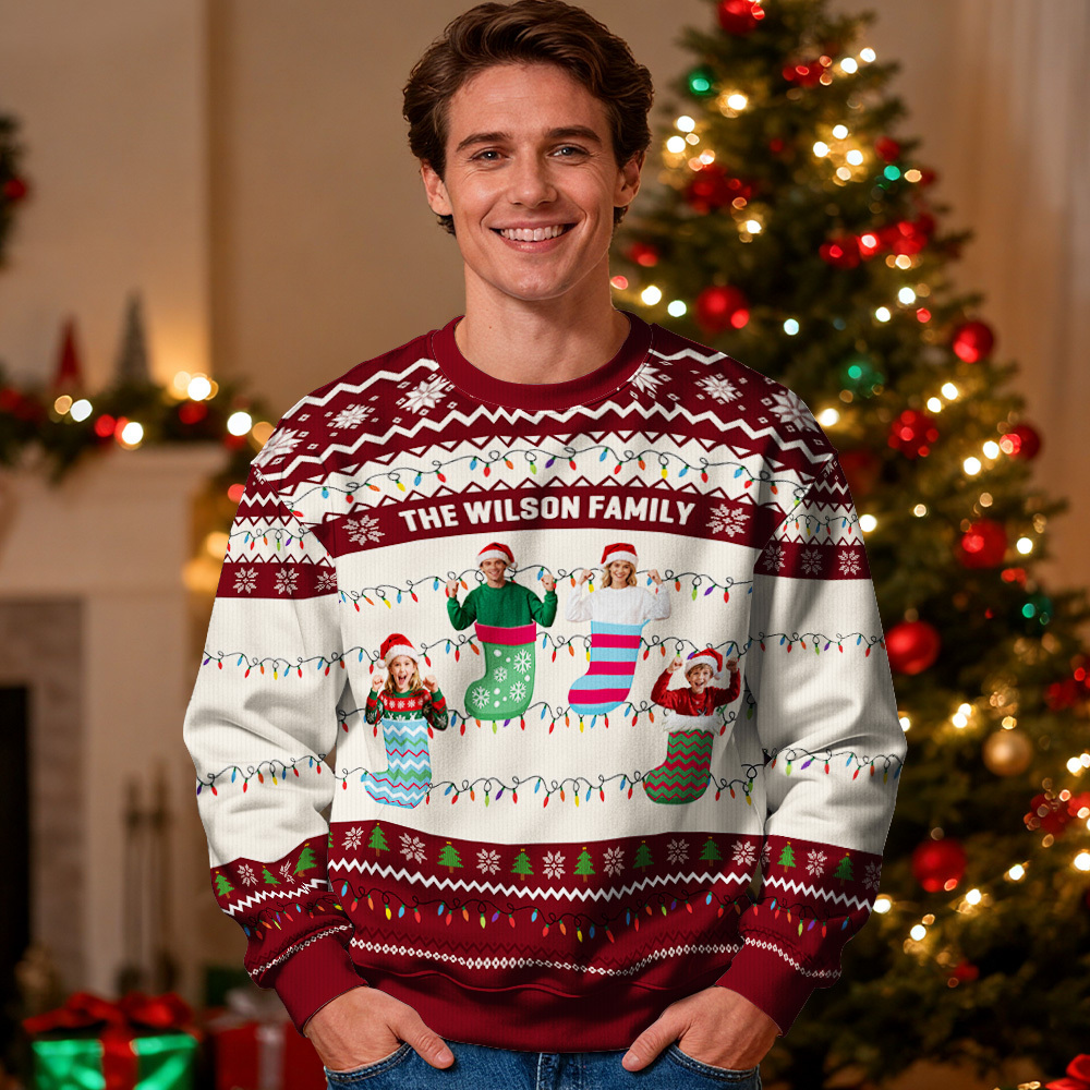 Custom Face Round Neck Hoodie Personalized Custom Photo Red Christmas Gifts For Family Ugly Sweater Xmas Leds Unisex Hoodies - SantaSocks