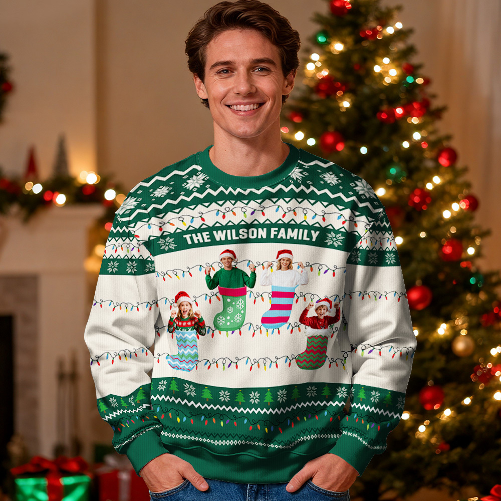 Custom Face Round Neck Hoodie Personalized Custom Photo Red Christmas Gifts For Family Ugly Sweater Xmas Leds Unisex Hoodies - SantaSocks