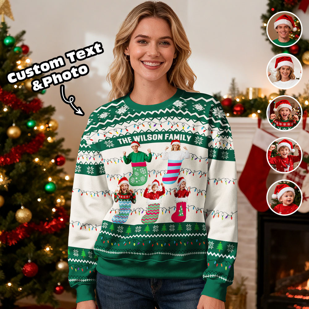 Custom Face Round Neck Hoodie Personalized Custom Photo Red Christmas Gifts For Family Ugly Sweater Xmas Leds Unisex Hoodies - SantaSocks