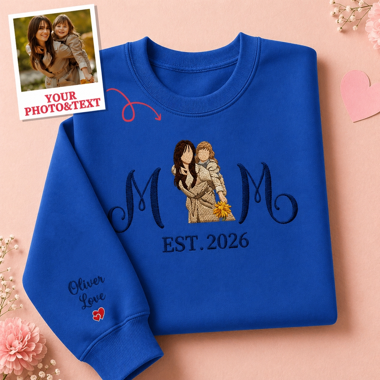 Custom Embroidered Mum Sweatshirt with Mum Kids Portrait