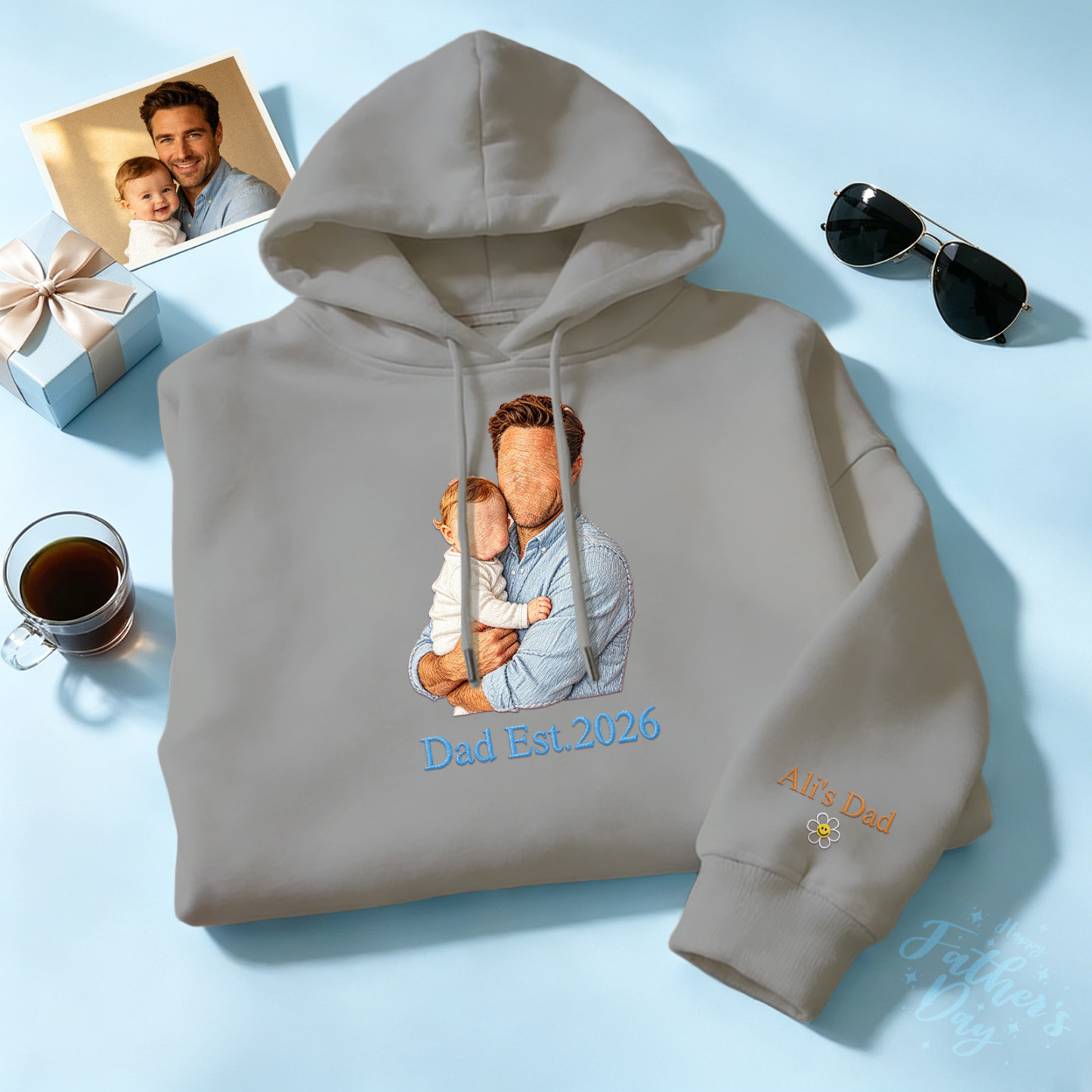 Custom Full Color Embroidered Sweatshirt Portrait Couple/Dad/Mom Family Gift Personalized Fathers Day Gift Idea