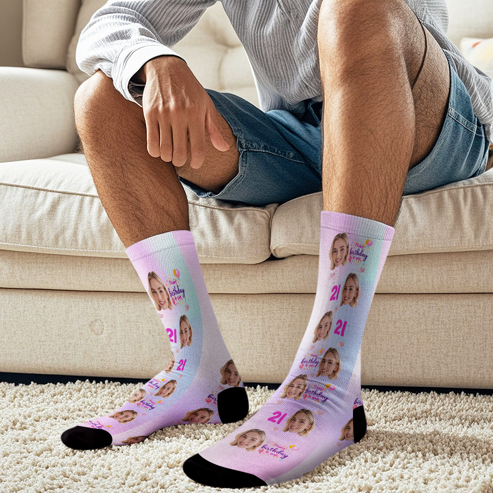 Custom Gradient Face Socks Age and Face Socks Birthday Gift Idea Happy Birthday To You - SantaSocks
