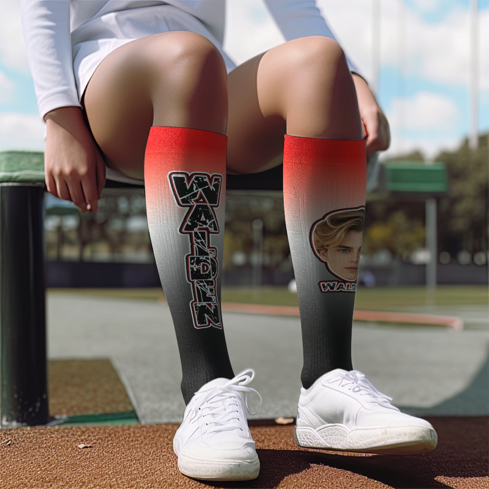 Custom Athletic Knee High Socks Gradient Blue And Yellow High Socks Personalized Compression Socks Face and Text Knee High Socks