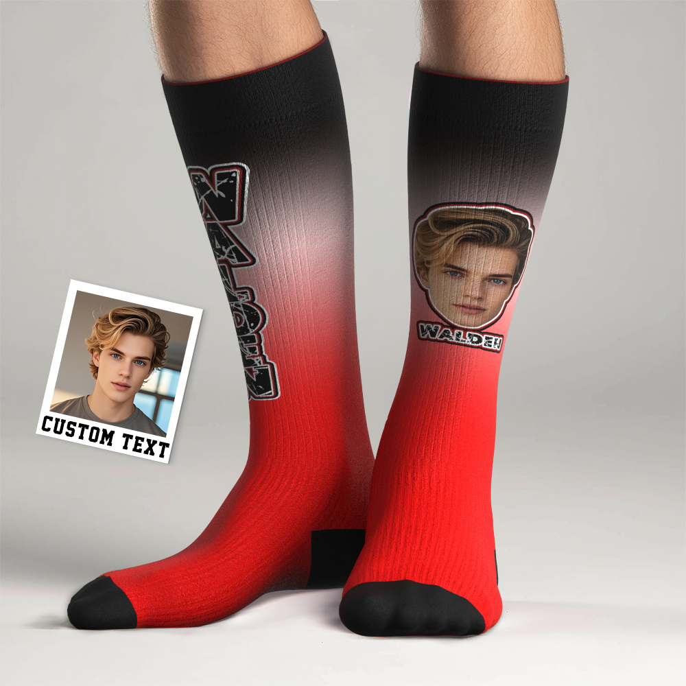 Custom Athletic Knee High Socks Gradient Blue And Yellow High Socks Personalized Compression Socks Face and Text Knee High Socks