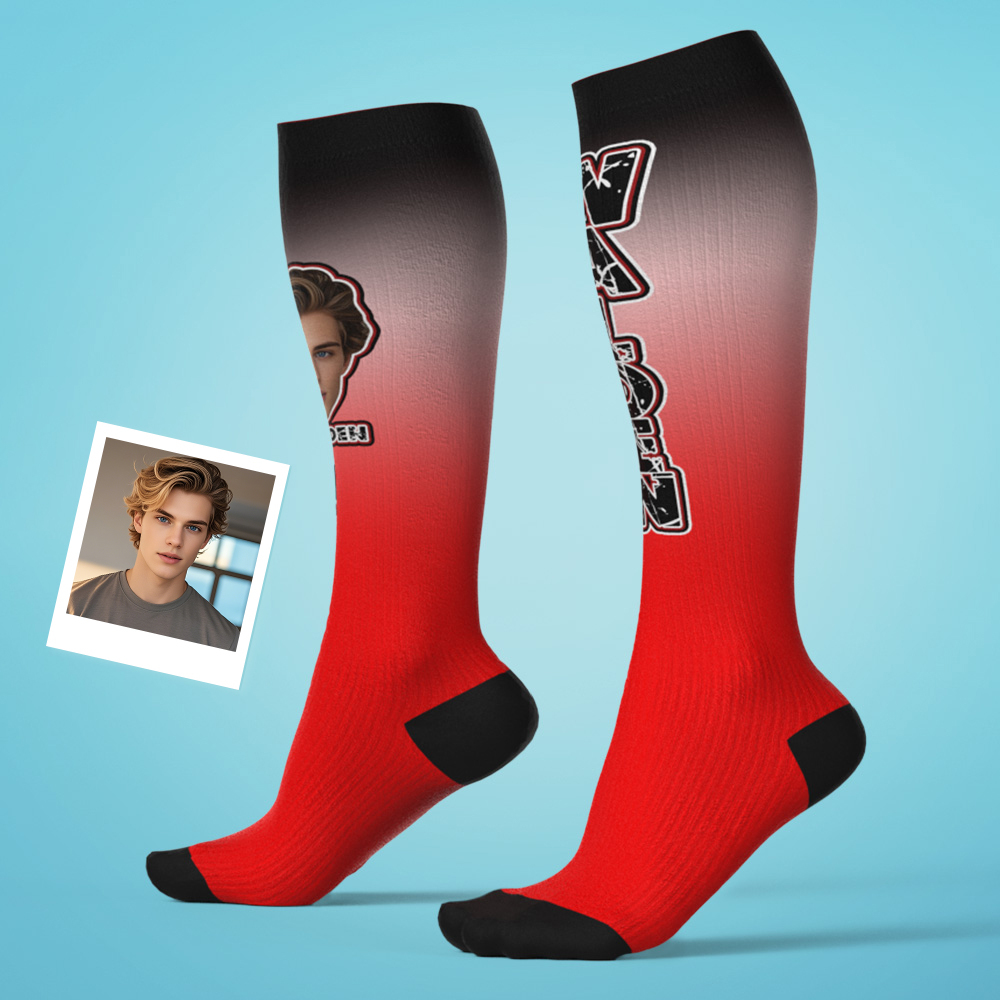 Custom Athletic Knee High Socks Gradient Blue And Yellow High Socks Personalized Compression Socks Face and Text Knee High Socks