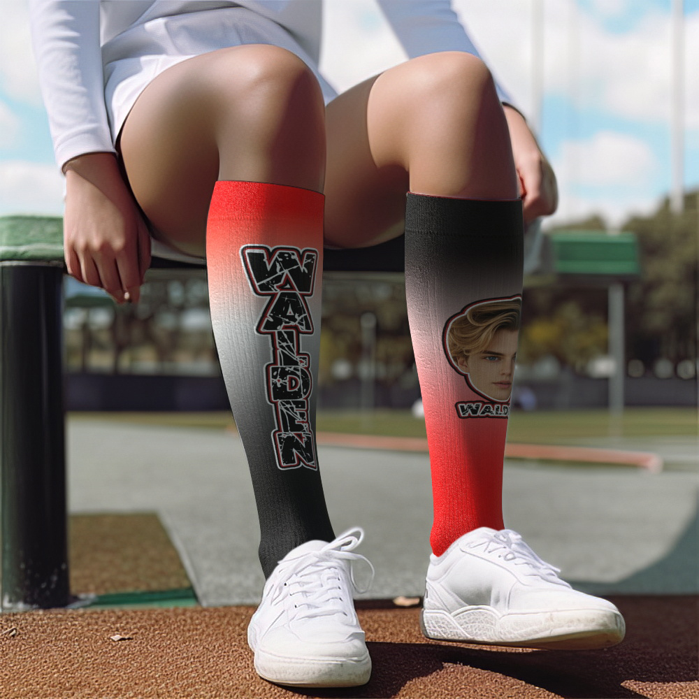 Custom Athletic Knee High Socks Gradient Blue And Yellow High Socks Personalized Compression Socks Face and Text Knee High Socks