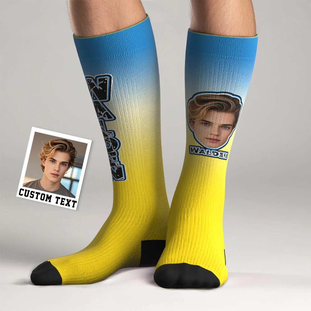 Custom Athletic Knee High Socks Gradient Blue And Yellow High Socks Personalized Compression Socks Face and Text Knee High Socks
