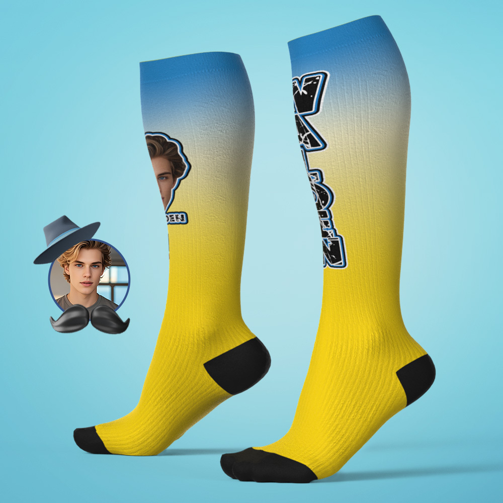 Custom Athletic Knee High Socks Gradient Blue And Yellow High Socks Personalized Compression Socks Face and Text Knee High Socks