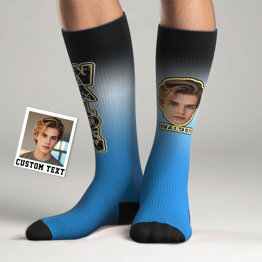 Custom Athletic Knee High Socks Gradient Blue And Yellow High Socks Personalized Compression Socks Face and Text Knee High Socks